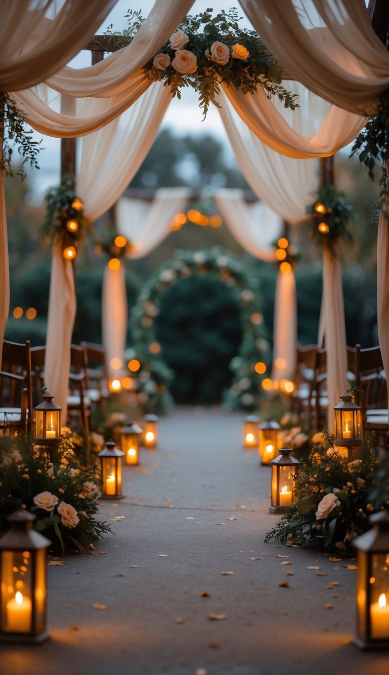 Wedding aisle decorated with glowing lanterns and soft fabric draping, surrounded by greenery and flowers.