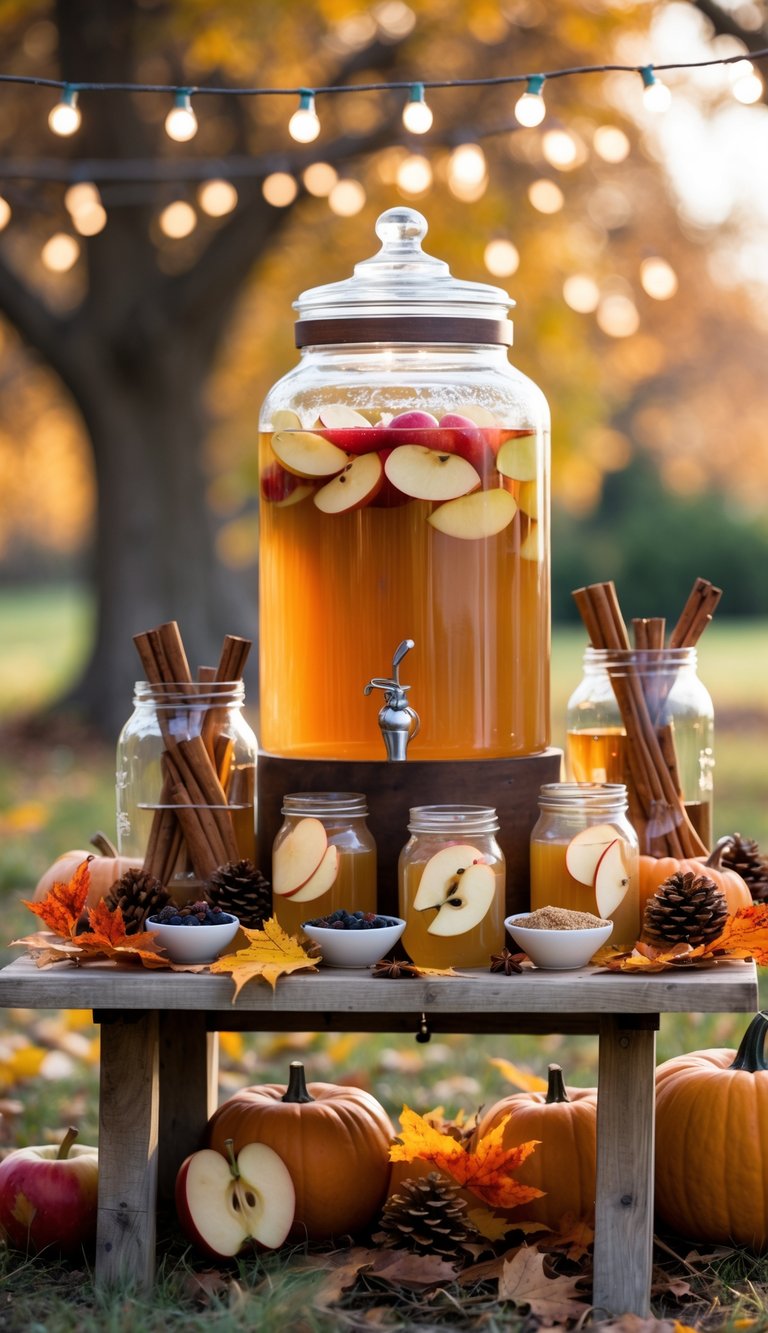 An outdoor hot apple cider station with a glass dispenser, mason jars, cinnamon sticks, apples, pumpkins, and fall decorations on a wooden table.