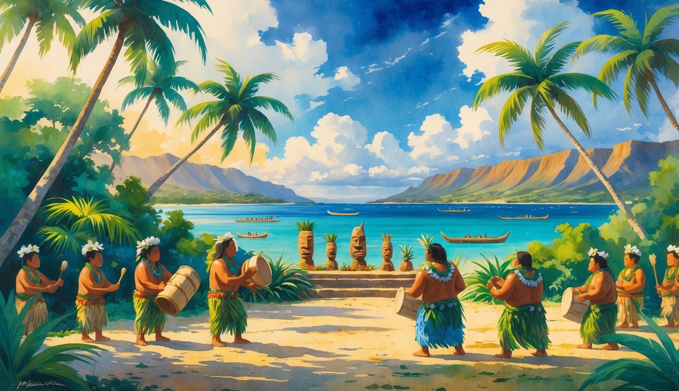 People in traditional Hawaiian clothing celebrate with dancing, drumming, and offerings near a tropical shoreline with palm trees, mountains, and canoes on the water.