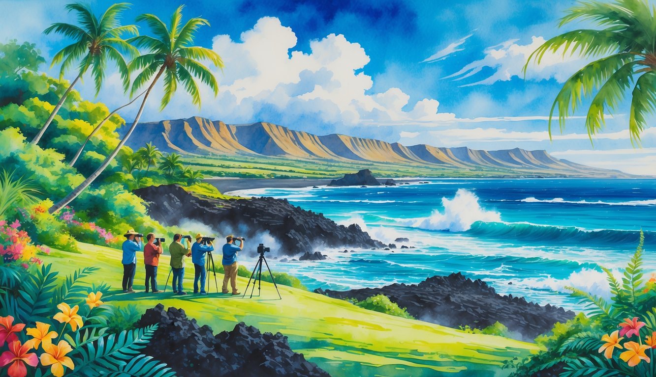 A group of photographers capturing a lush Hawaiian coastline with palm trees, volcanic rocks, ocean waves, and distant mountains.