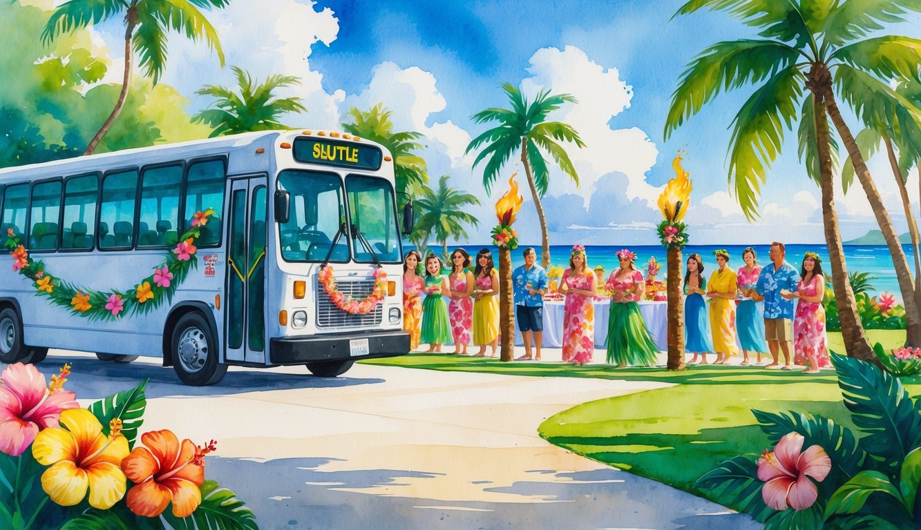 Guests arriving at a tropical Hawaiian luau with a shuttle bus, palm trees, tiki torches, and festive decorations near a beachside venue.