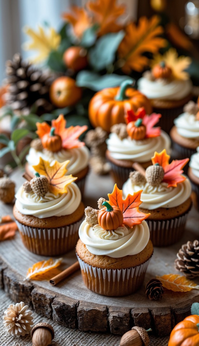 A rustic wooden table displaying fall-themed wedding cupcakes decorated with pumpkins, leaves, and cinnamon sticks surrounded by autumn decorations.