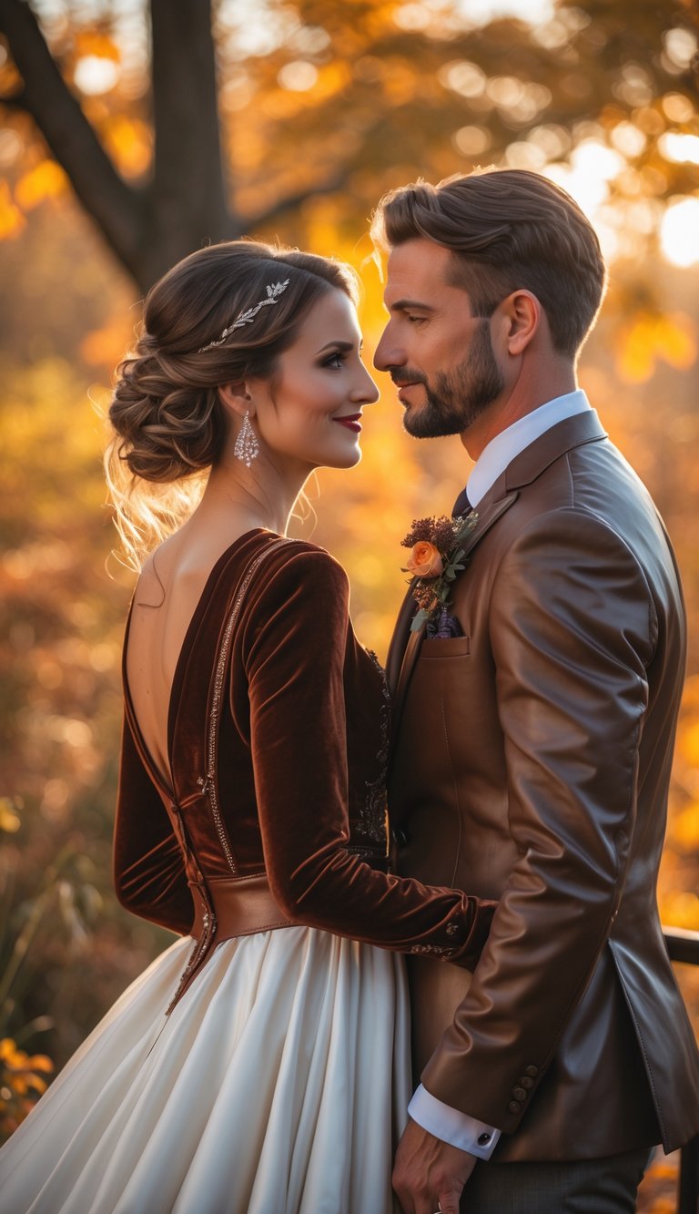 A bride and groom wearing wedding attire with velvet and leather details standing outdoors surrounded by autumn leaves.