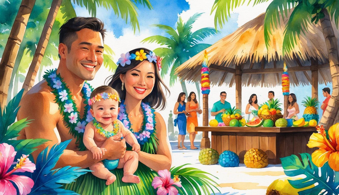 A family celebrating a Hawaiian baby luau outdoors with tropical decorations, fruits, and smiling guests.