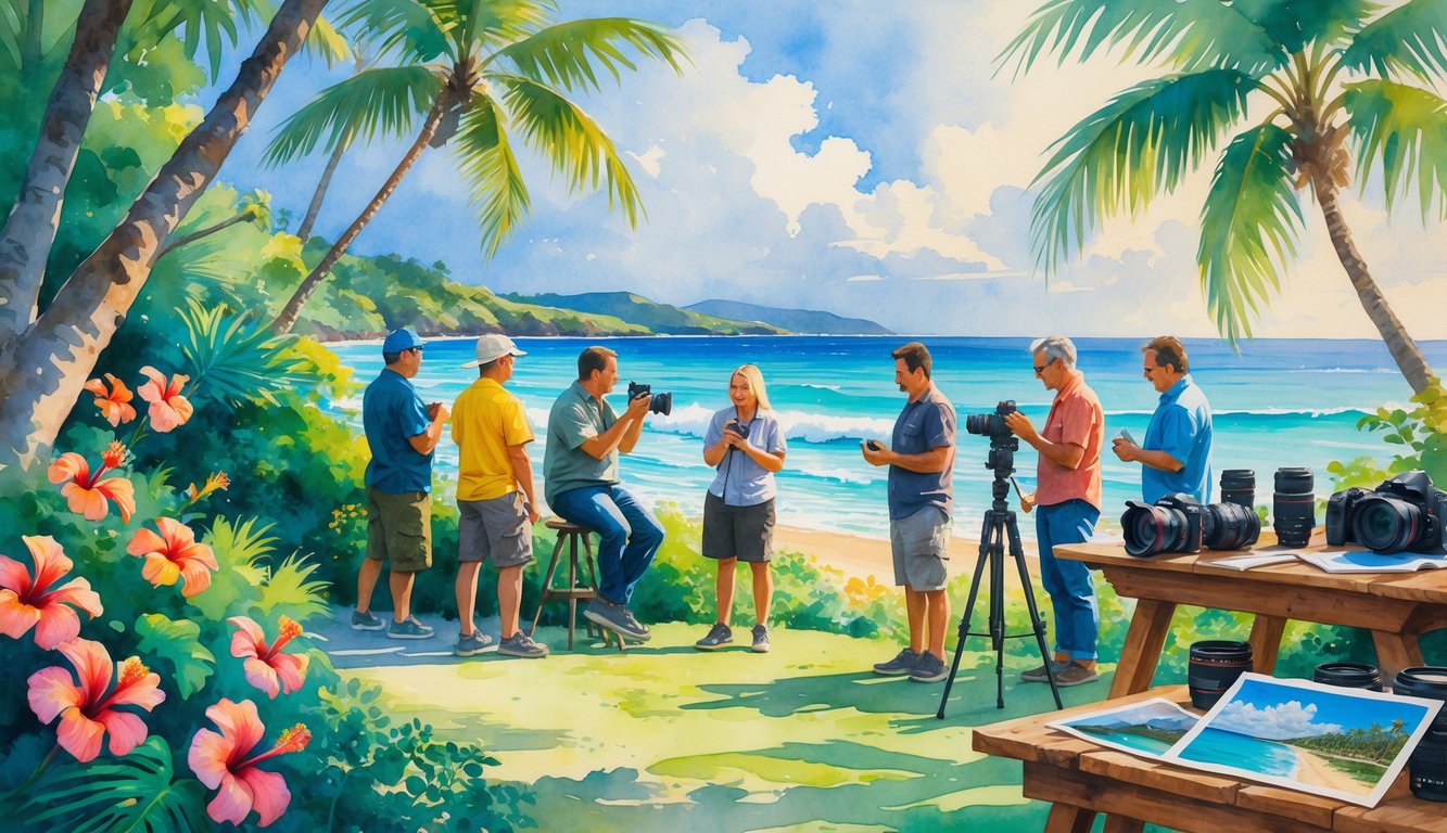 A group of people outdoors in a tropical garden near the ocean, learning photography with cameras and equipment around them.