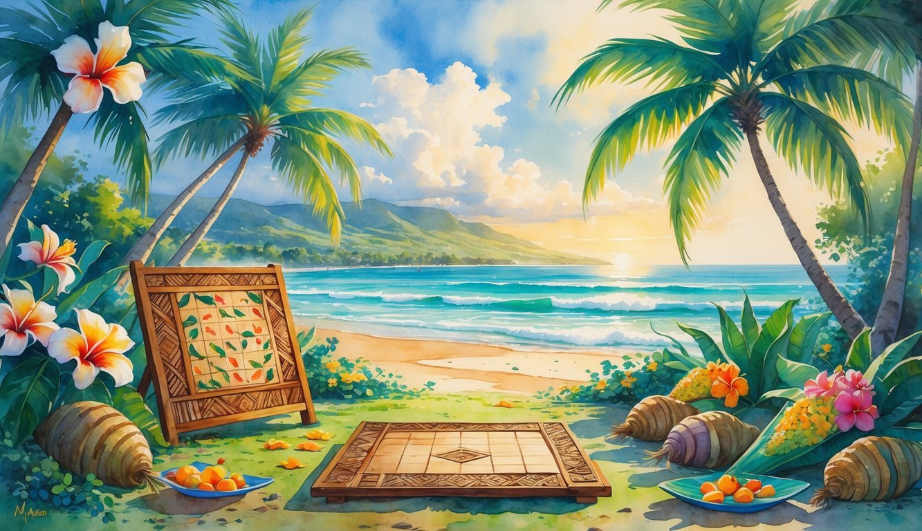 A Hawaiian landscape with tropical plants, traditional offerings of fruits and fish on the ground, ocean waves, and mountains in the distance under a clear sky.