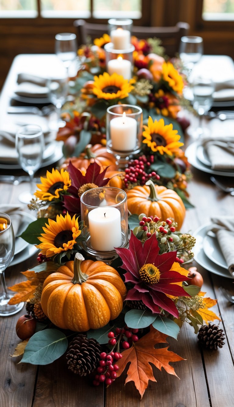 A Thanksgiving-themed wedding centerpiece with pumpkins, autumn leaves, berries, candles, and flowers on a wooden table.