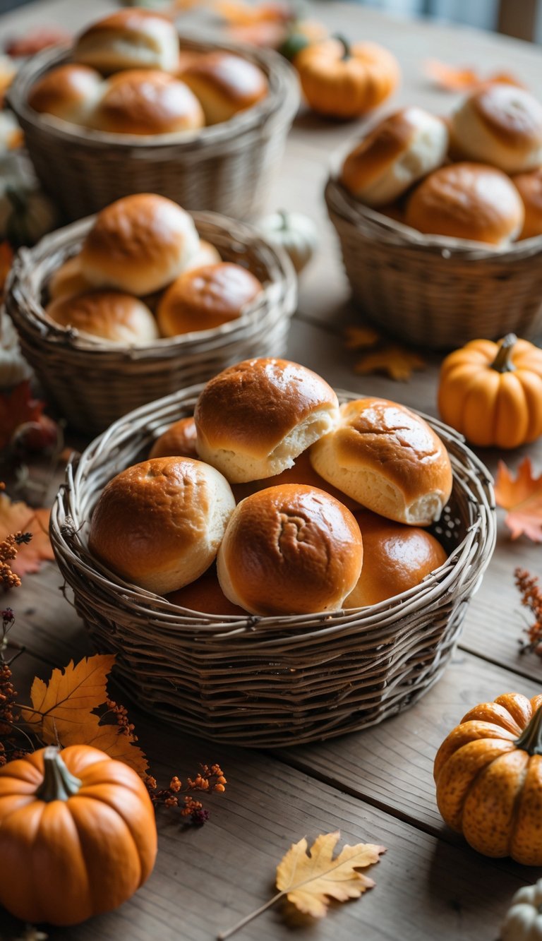 Rustic wooden baskets filled with fresh buns on a wooden table surrounded by autumn wedding decorations.
