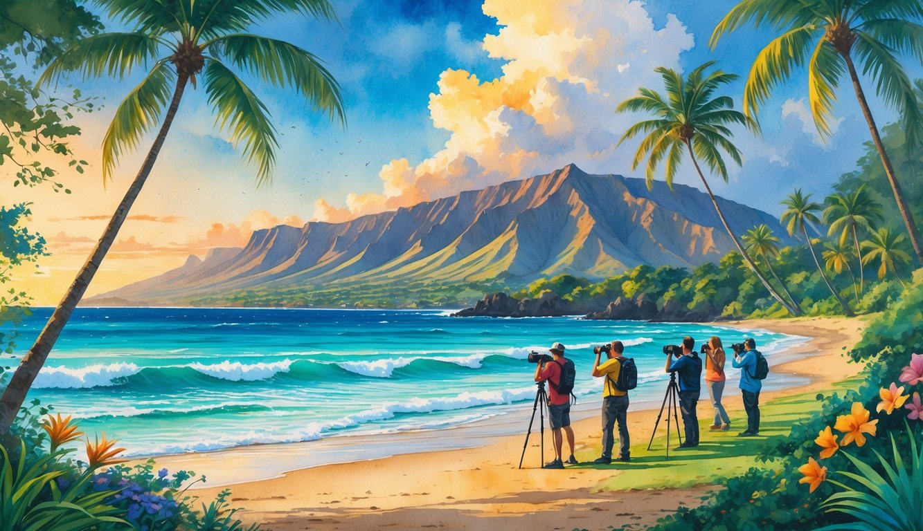 A group of photographers on a tropical Hawaiian beach with palm trees, ocean, mountains, and colorful flowers during sunset.