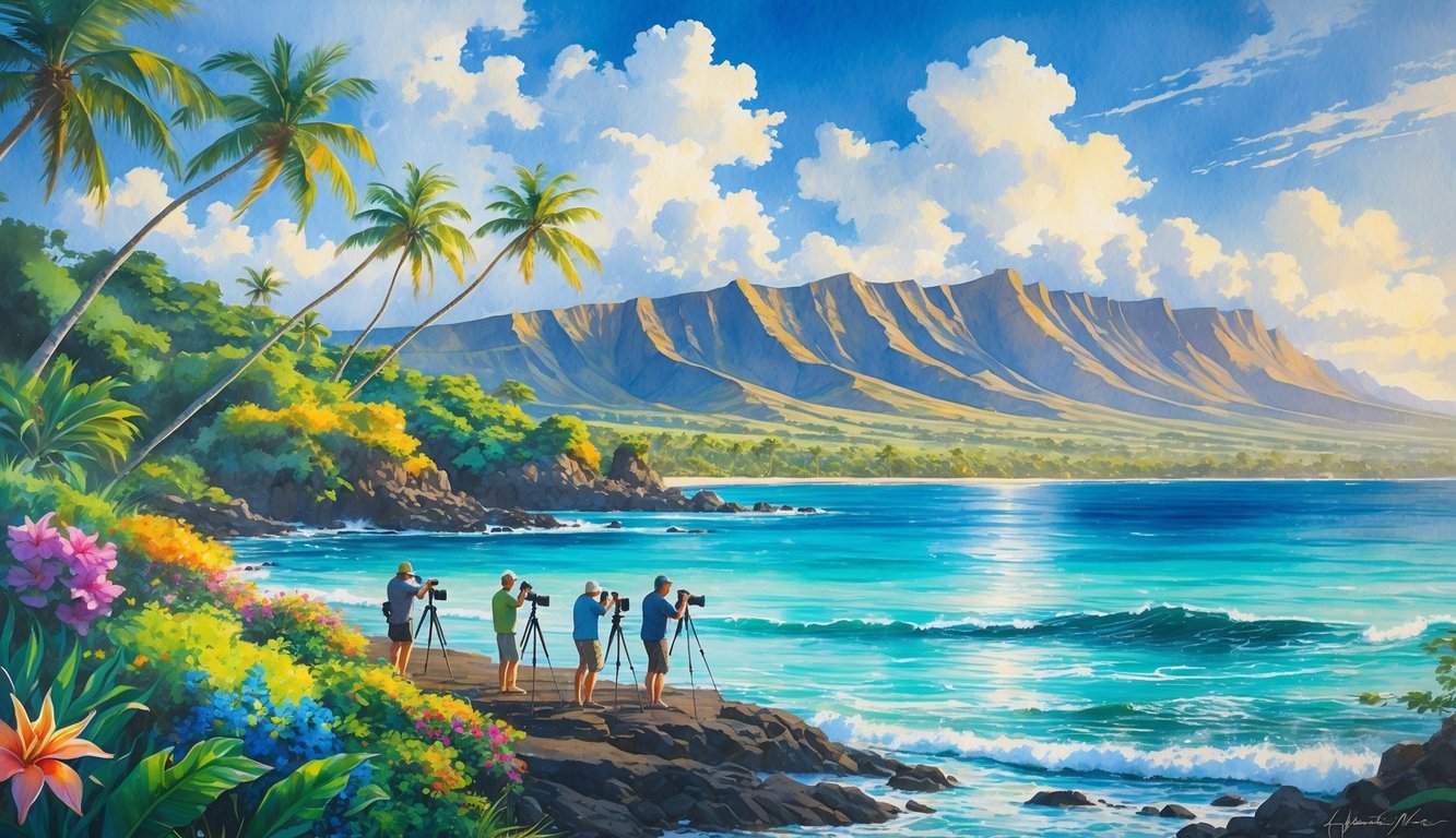 A tropical Hawaiian landscape with palm trees, flowers, ocean, mountains, and photographers on a rocky shore.