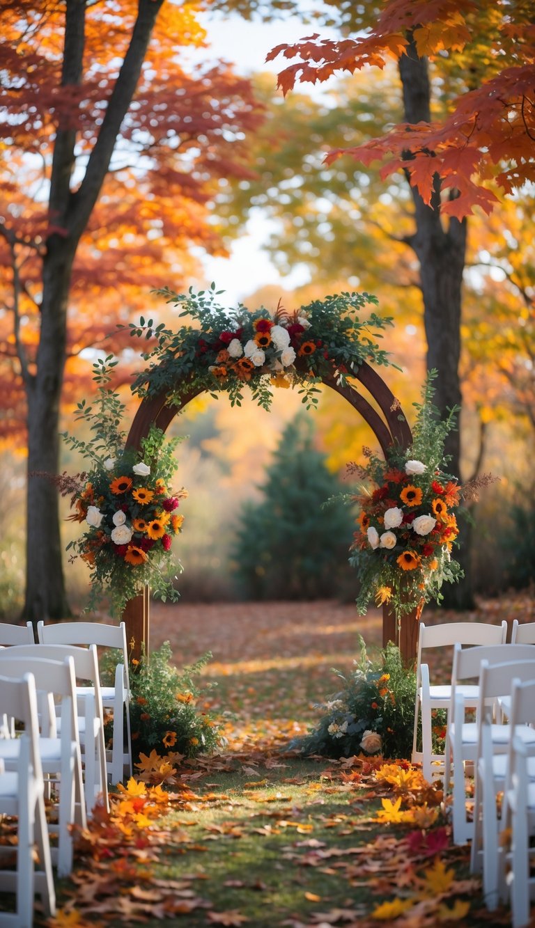 An outdoor wedding ceremony surrounded by colorful maple trees with red, orange, and yellow leaves in autumn.