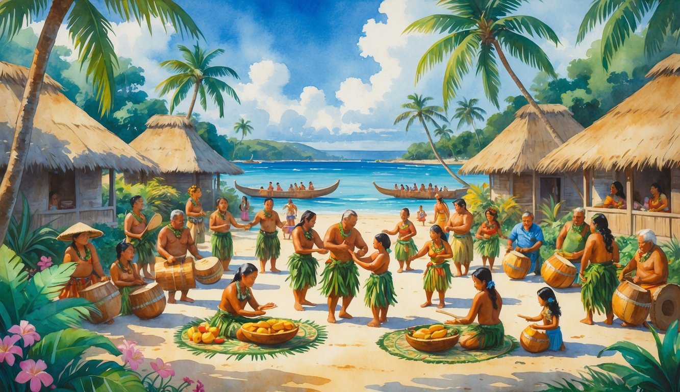 People of all ages gathered in a tropical village celebrating with dancing, music, and offerings near the ocean.