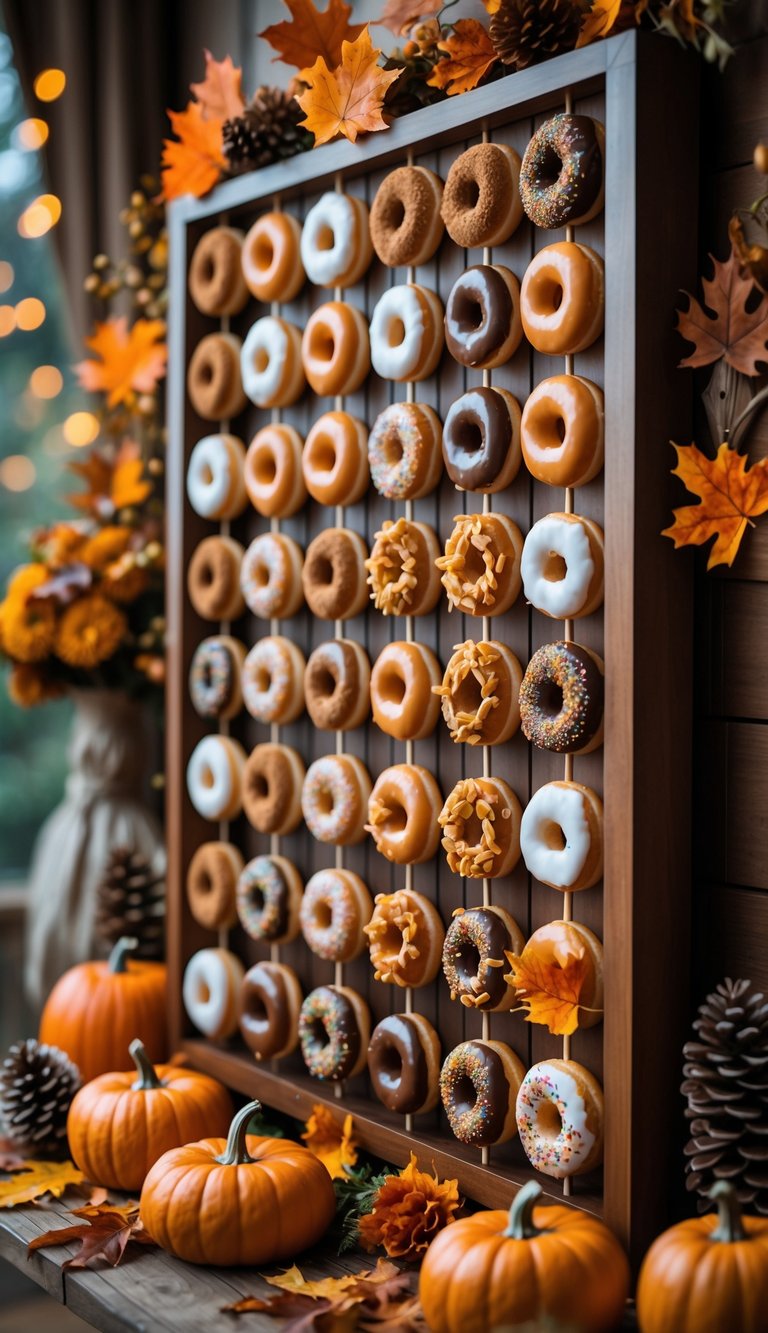 A wooden donut wall displaying various autumn-flavored donuts decorated with fall-themed toppings and surrounded by pumpkins and colorful leaves.