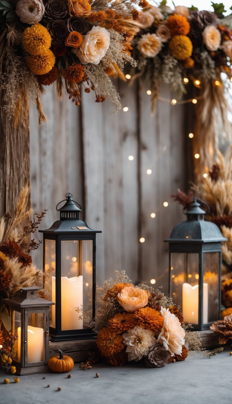 A rustic wedding backdrop with dried flowers and glowing lanterns arranged on weathered wooden surfaces.