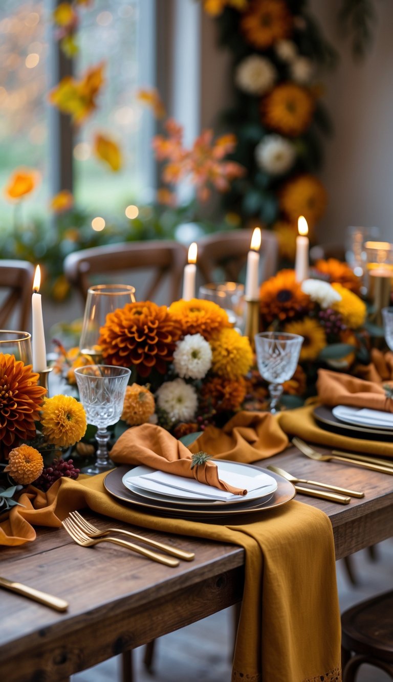A wedding table set with burnt orange and mustard yellow decorations, flowers, candles, and elegant tableware.