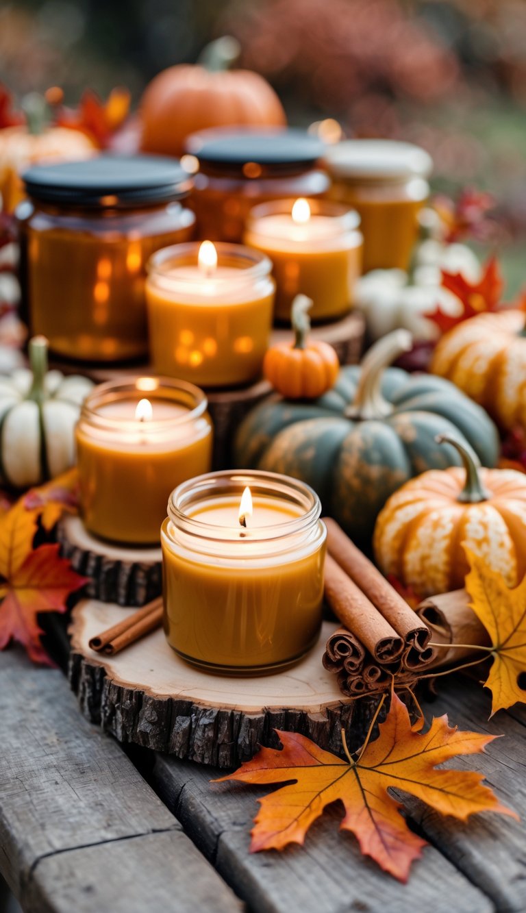A table with pumpkin spice scented candles surrounded by autumn decorations like small pumpkins, cinnamon sticks, dried orange slices, and fall leaves.