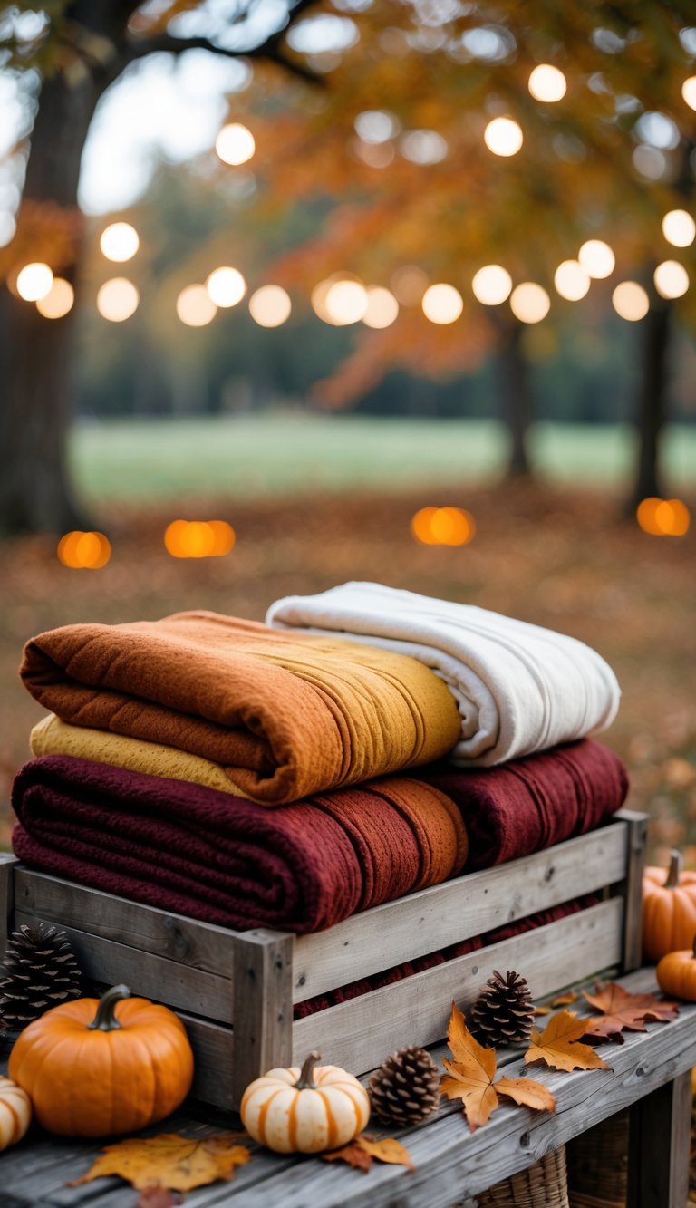 An outdoor blanket station with folded autumn-colored blankets, pumpkins, and soft lighting set for an evening fall wedding.