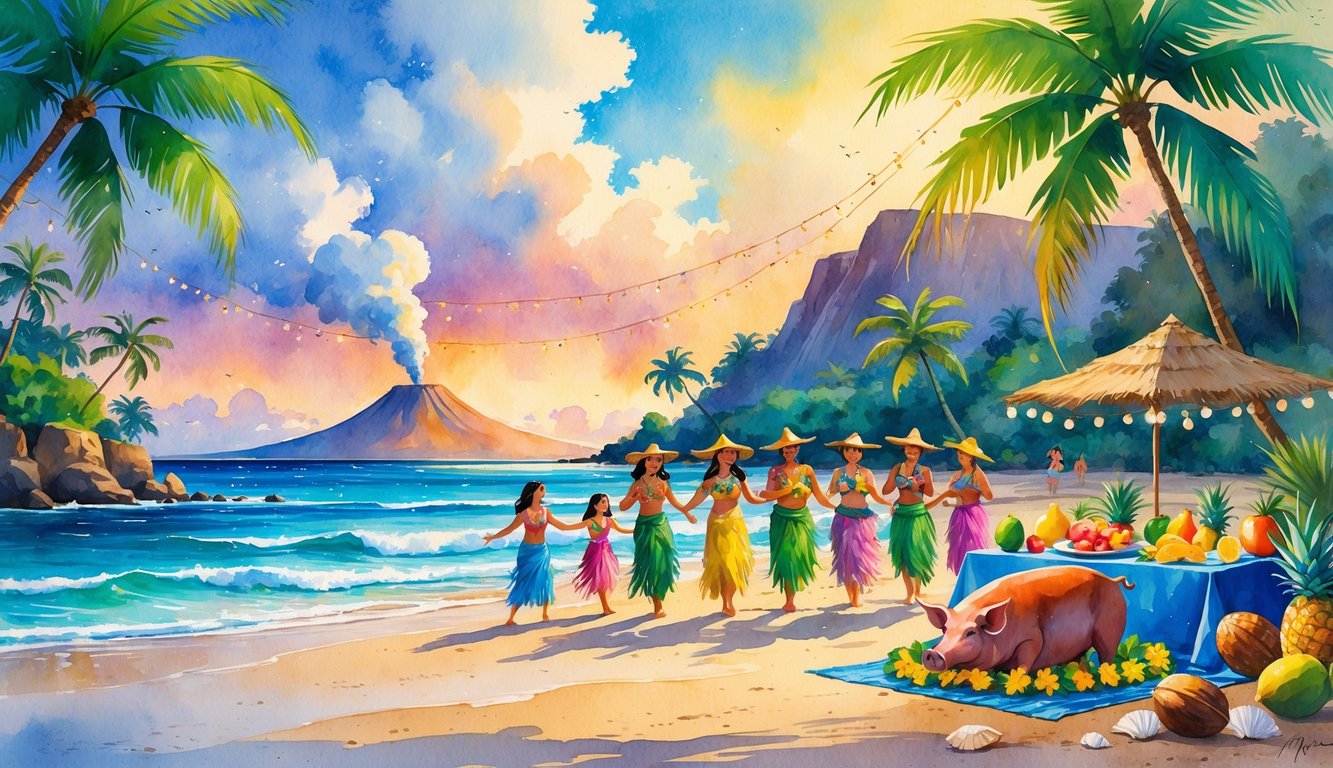 A tropical beach scene with people dancing the hula, a festive table with tropical fruits and a roasted pig, palm trees with lights, children building a sandcastle, and a volcano in the background at sunset.