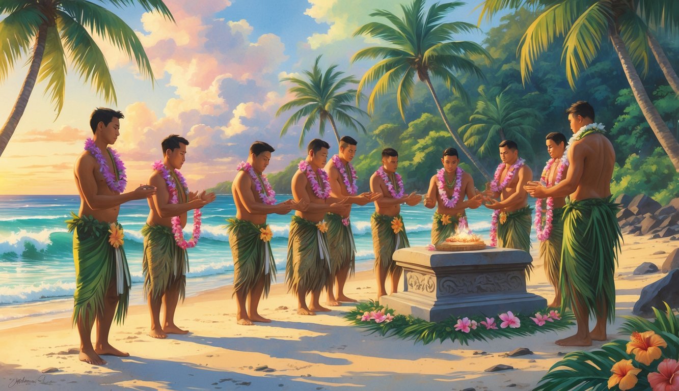 A group of young Hawaiians and elders on a beach participating in a traditional coming-of-age ceremony with palm trees and ocean in the background.