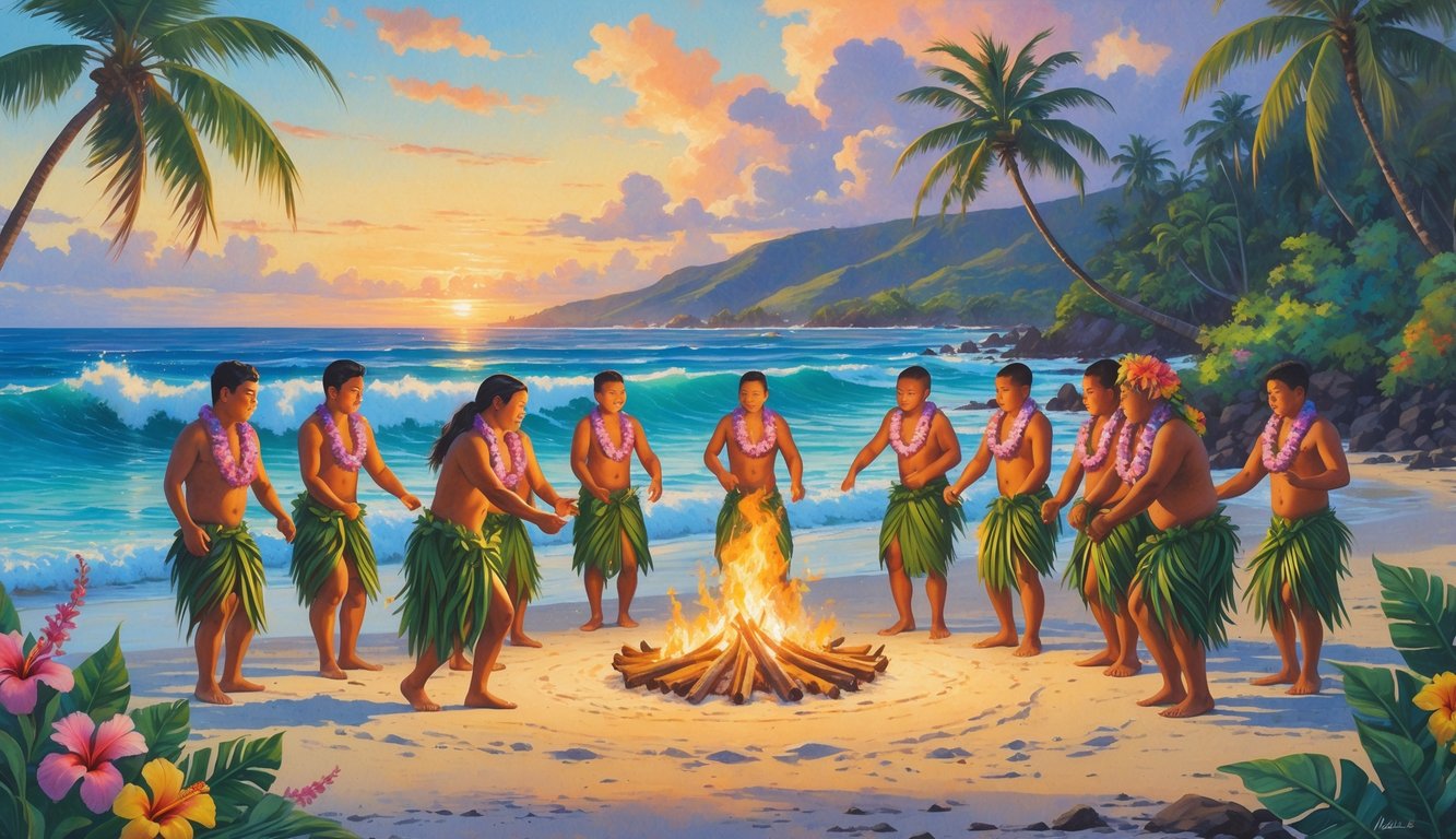 A group of young Hawaiians and elders performing a traditional coming-of-age ceremony on a tropical beach at sunset, surrounded by palm trees and ocean waves.