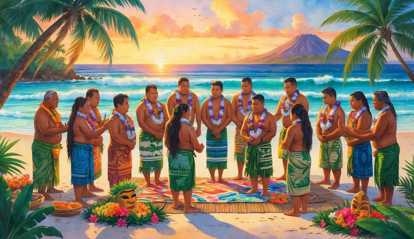 A group of young Hawaiians and elders gathered on a tropical beach at sunset, participating in a traditional coming-of-age ceremony surrounded by palm trees and ocean waves.