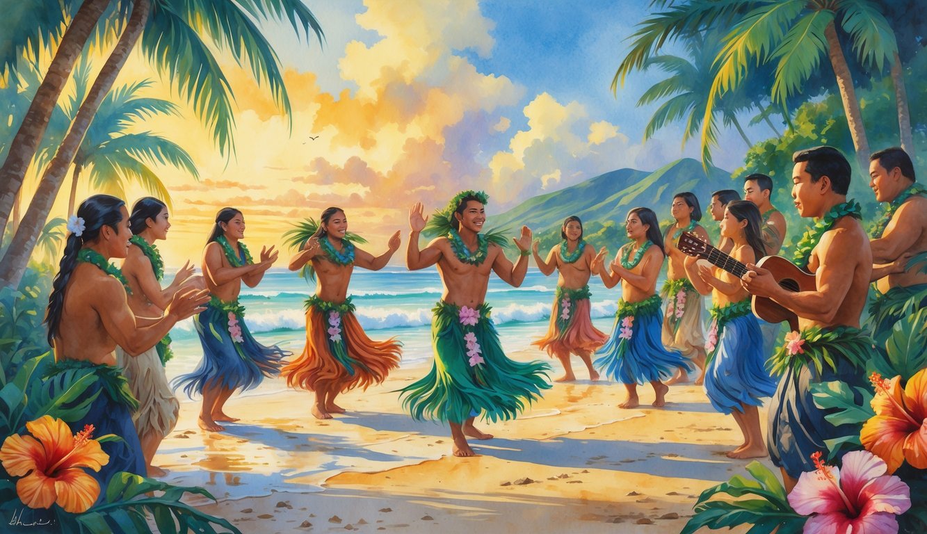 Young Hawaiian people dressed in traditional clothing performing a dance and playing music on a beach at sunset, surrounded by tropical plants.