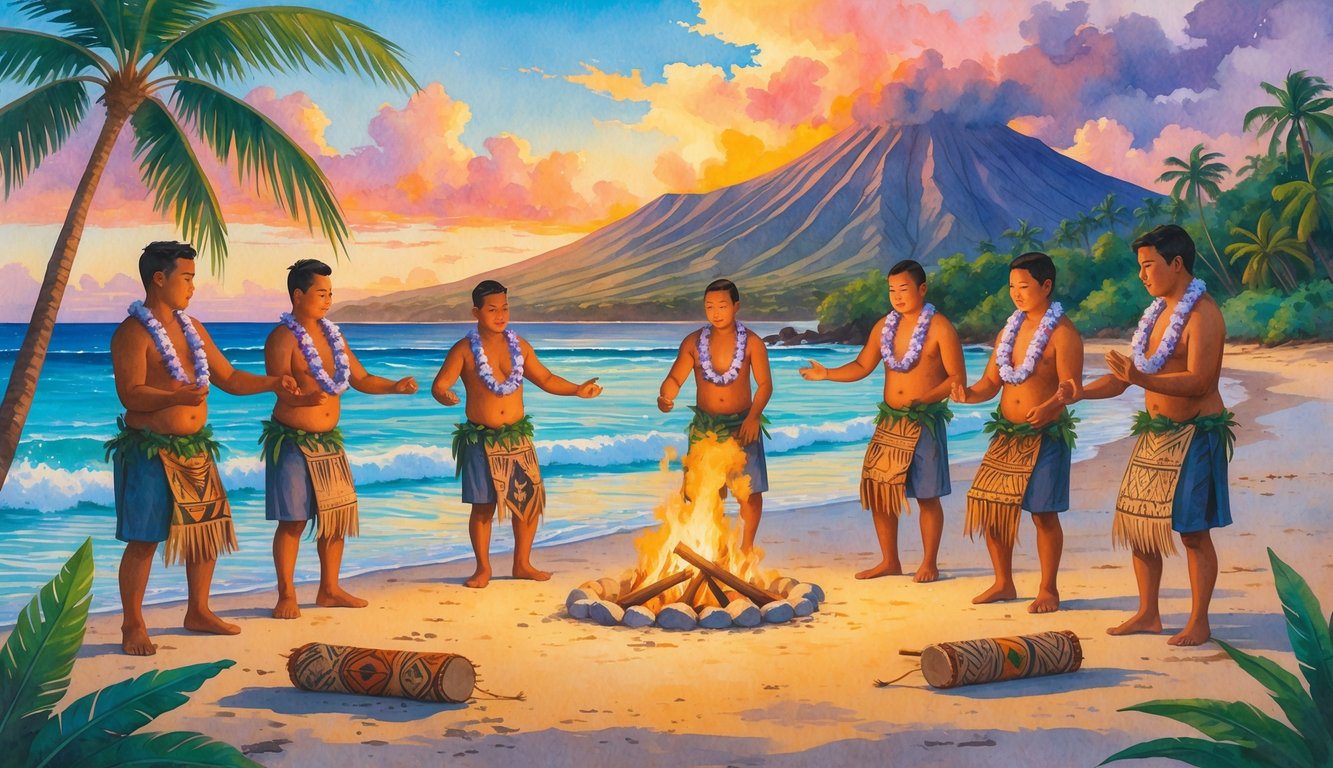 A group of young Hawaiians in traditional clothing gather on a beach at sunset, participating in a coming-of-age ceremony with a bonfire, tropical plants, and mountains in the background.