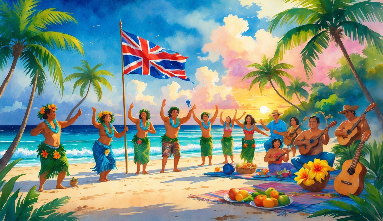 People celebrating on a sunny Hawaiian beach with palm trees, traditional clothing, dancing, musical instruments, and tropical fruits.