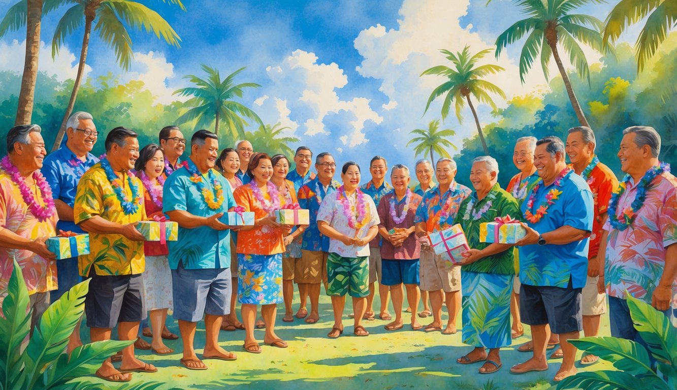 A Hawaiian community gathering outdoors celebrating a coming-of-age ritual with people exchanging gifts surrounded by tropical plants and palm trees.