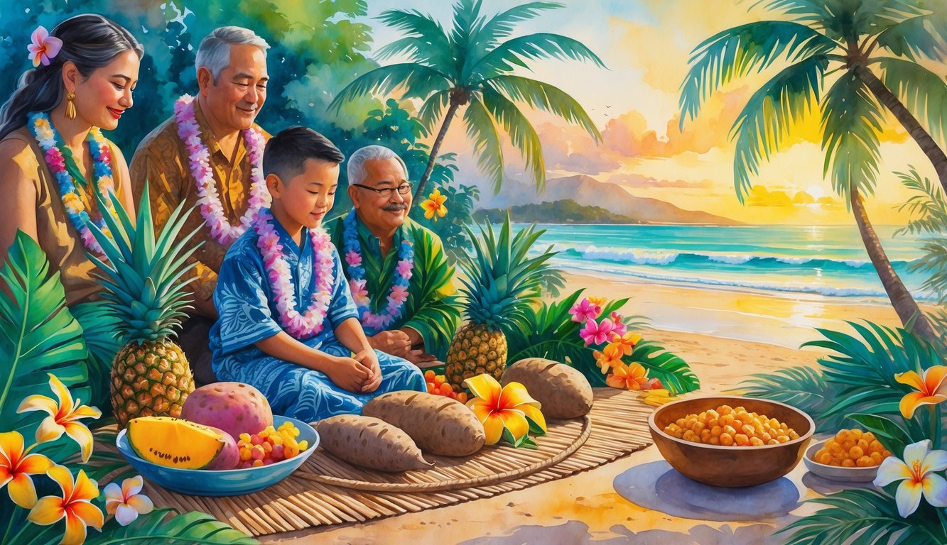 A young Hawaiian person in traditional clothing is surrounded by family and symbolic foods like pineapples, taro, and tropical fruits on a mat near a beach at sunset.