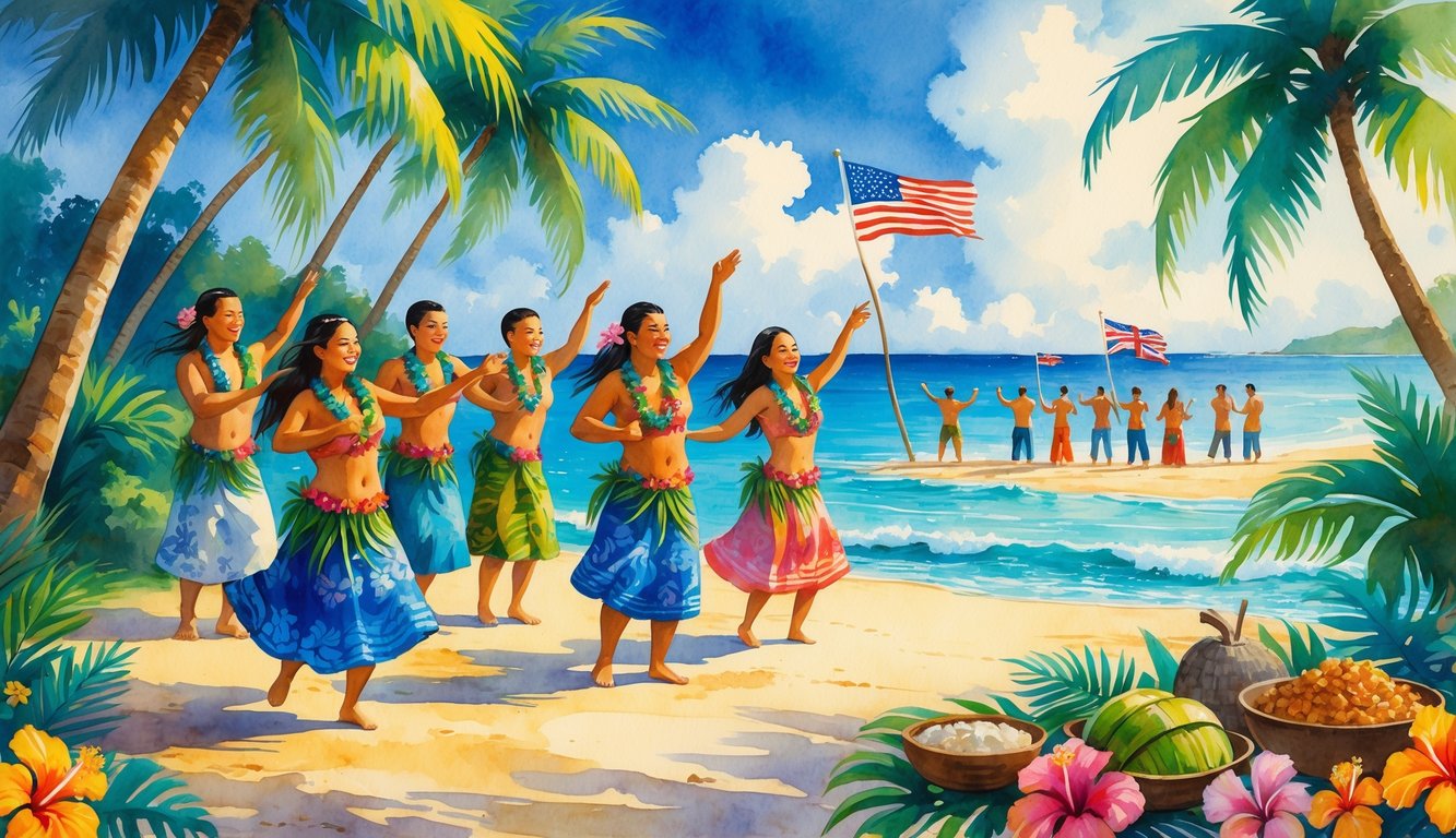 People celebrating Hawaiian Independence Day outdoors with traditional dance, food, and the Hawaiian flag near the ocean.