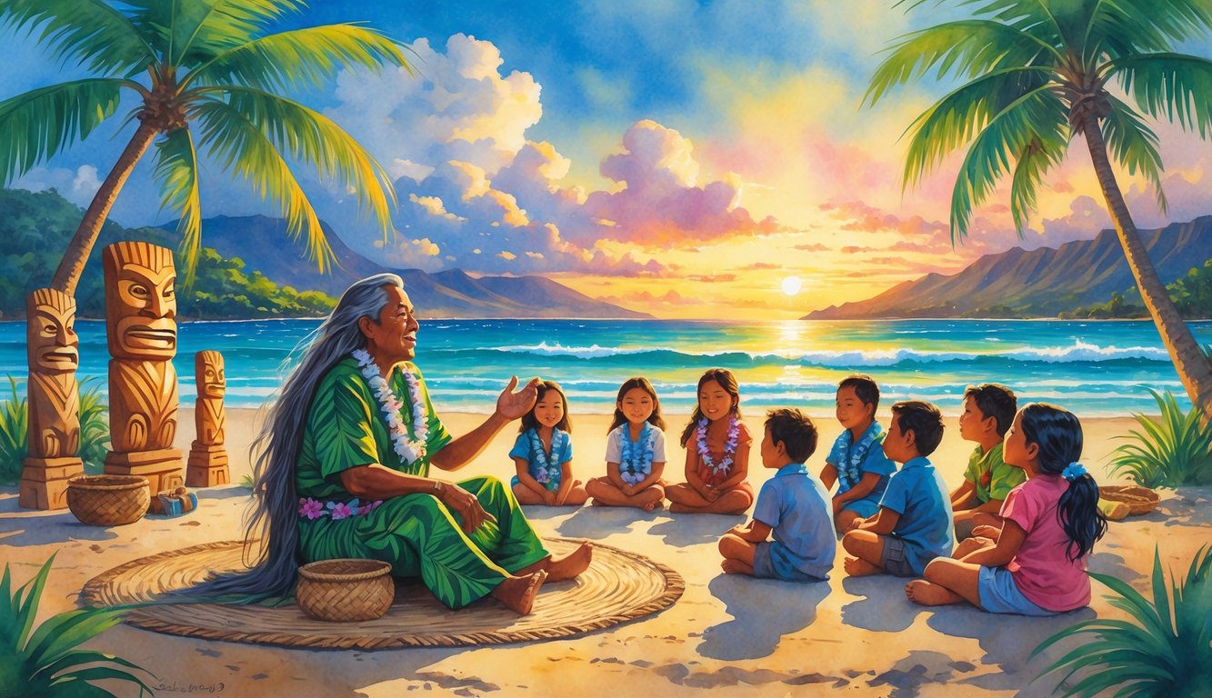 An elder Hawaiian storyteller shares tales with a group of people on a tropical beach at sunset, surrounded by palm trees and the ocean.
