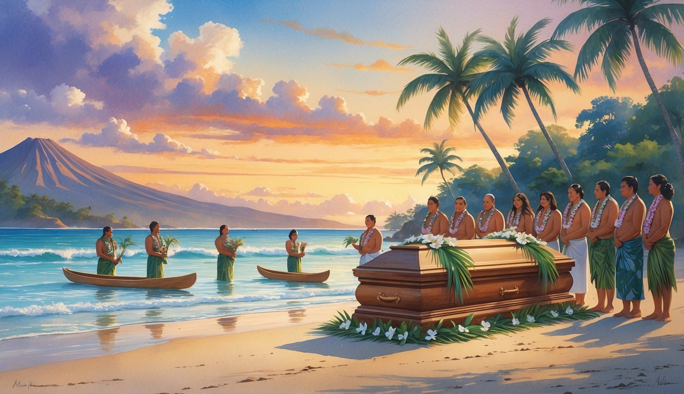 A group of Hawaiian people in traditional clothing gathered on a beach at sunset, performing funeral rituals with a decorated coffin, flower petals, and small wooden canoes by the water.