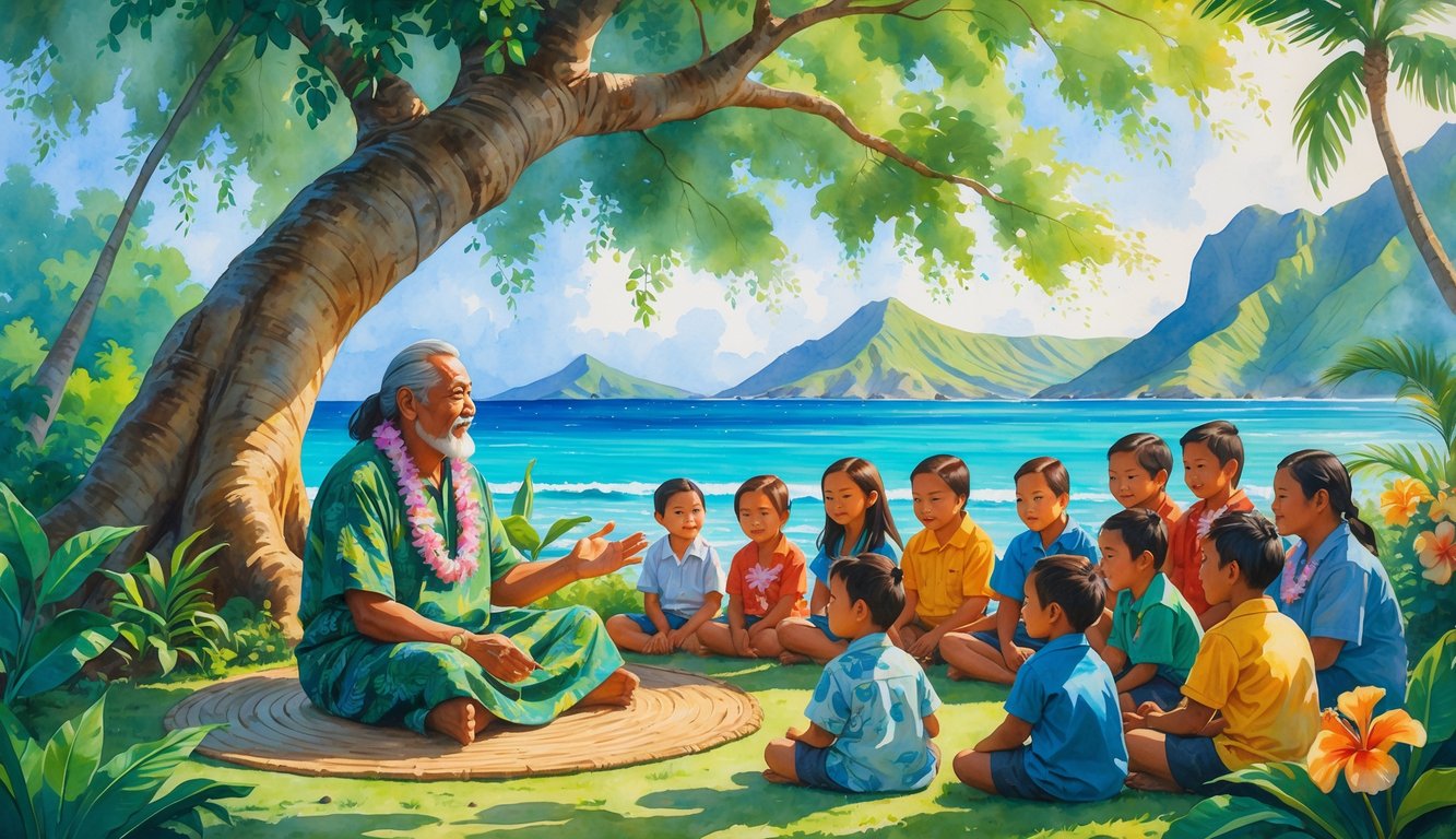 A group of people gathered outdoors under a large tree, listening to an elder telling stories, surrounded by tropical plants, mountains, and the ocean.