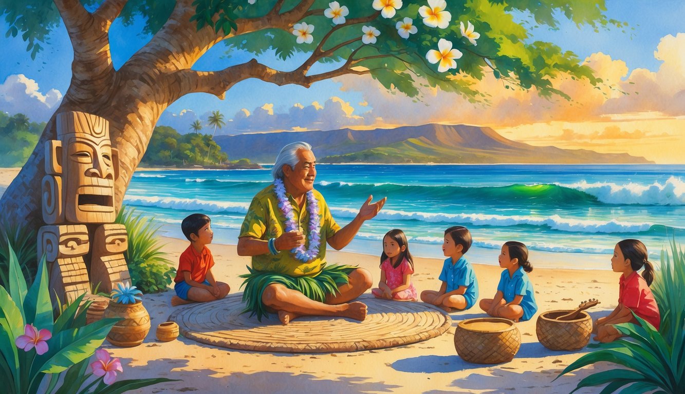 An elder Hawaiian storyteller sitting under a flowering tree, surrounded by children and adults listening attentively near a beach with mountains in the background.
