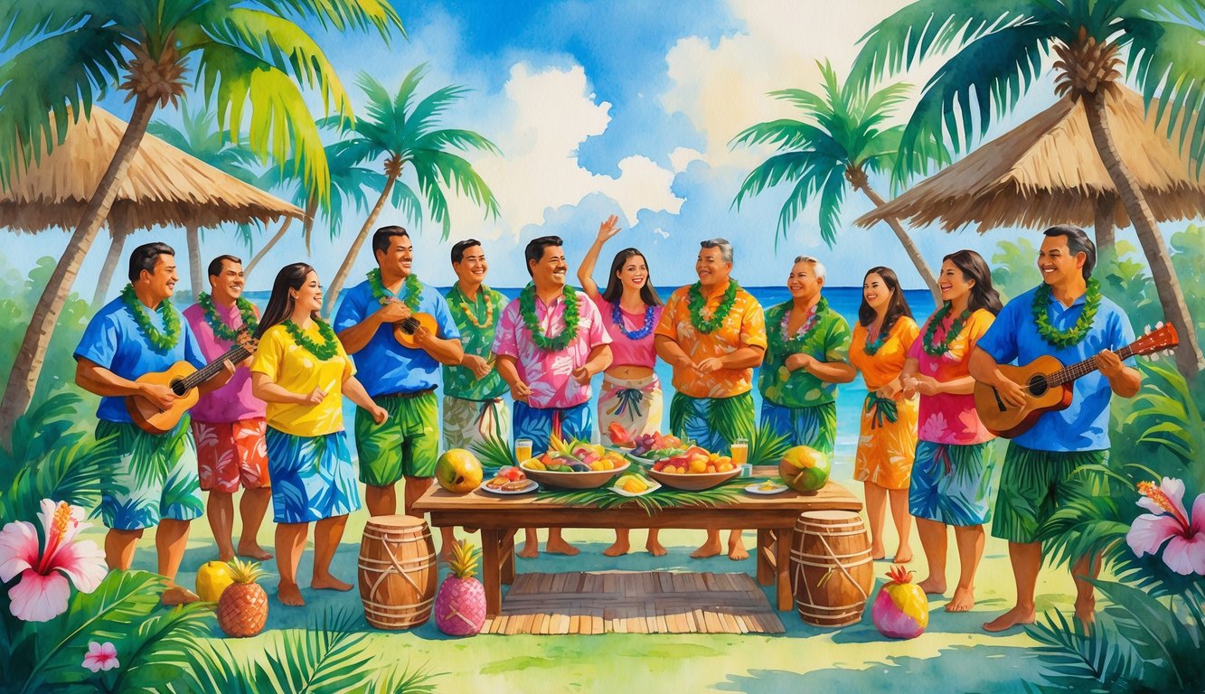 A lively outdoor scene of people celebrating Hawaiian Independence Day with traditional clothing, music, dancing, tropical plants, and a festive feast.
