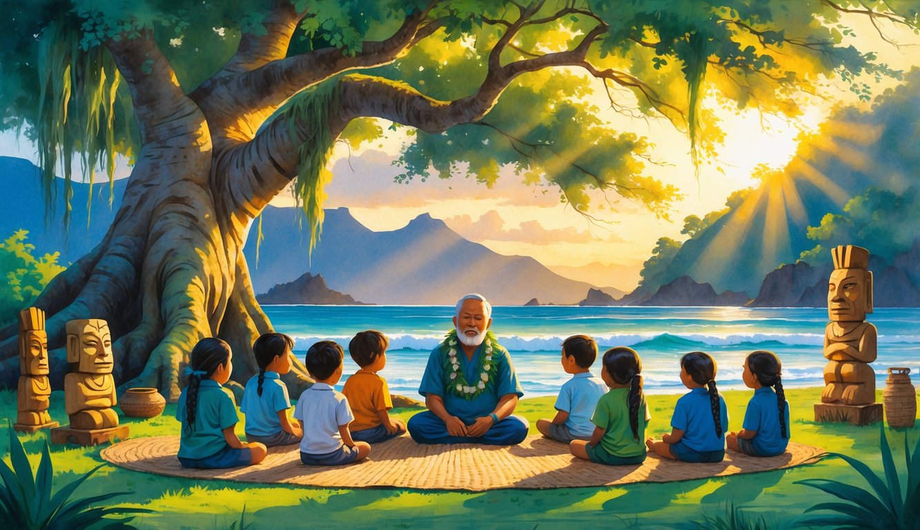 An elder Hawaiian storyteller sits under a large tree by the ocean, surrounded by children and adults listening attentively, with tropical forest and mountains in the background.