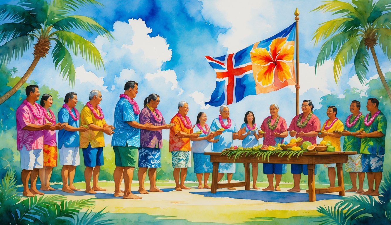 People in traditional Hawaiian clothing gathered outdoors around a flag, with tropical plants and flowers, sharing food and performing a hula dance.