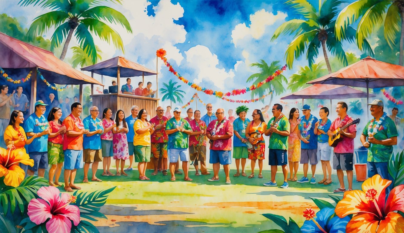 A group of people celebrating outdoors with tropical plants, traditional Hawaiian clothing, hula dancing, lei making, and live music.