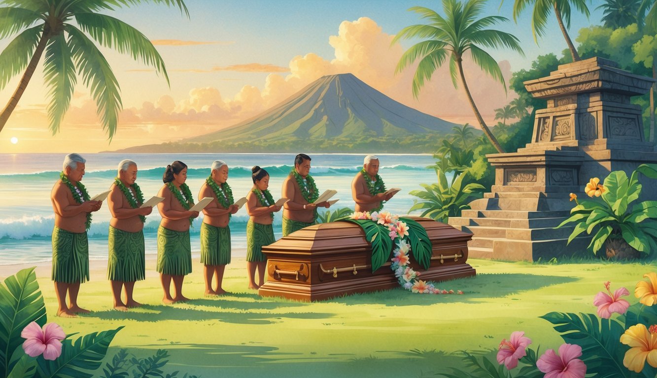 A group of Hawaiian family members in traditional clothing performing funeral rituals near a carved wooden coffin surrounded by tropical plants and a temple, with ocean and mountains in the background.