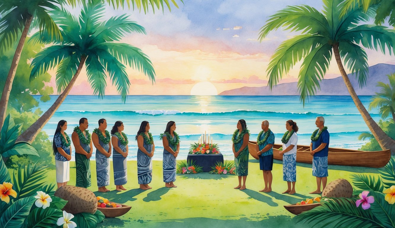 People gathered outdoors near the ocean surrounded by tropical plants, honoring a Hawaiian funeral with traditional and modern elements.