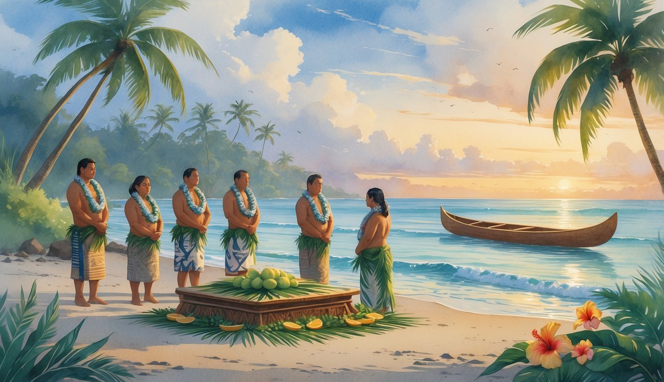 A peaceful coastal scene with Native Hawaiians performing a traditional funeral ceremony near the shore at sunset, surrounded by tropical plants and a resting canoe.