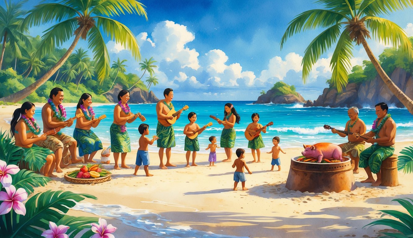 A Hawaiian family of different ages gathered on a beach, making leis, playing instruments, preparing food, and children playing by the ocean.