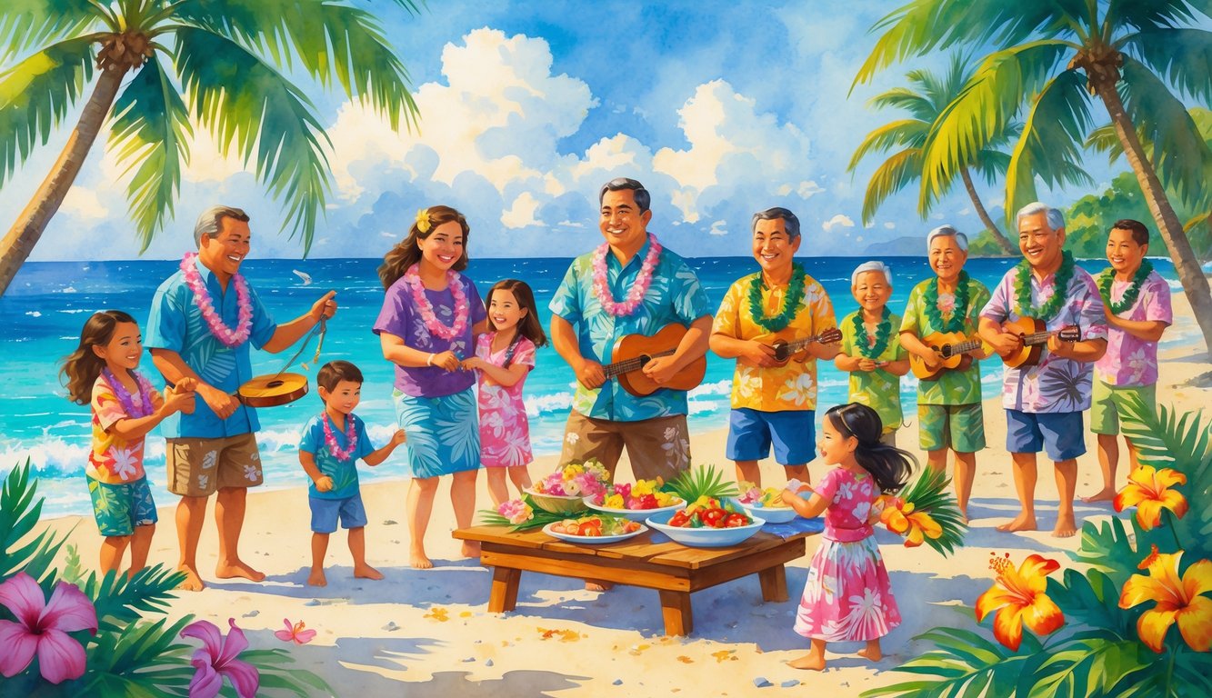 A Hawaiian family of multiple generations celebrating together on a beach with palm trees, enjoying traditional activities like hula dancing, lei-making, and sharing a feast.