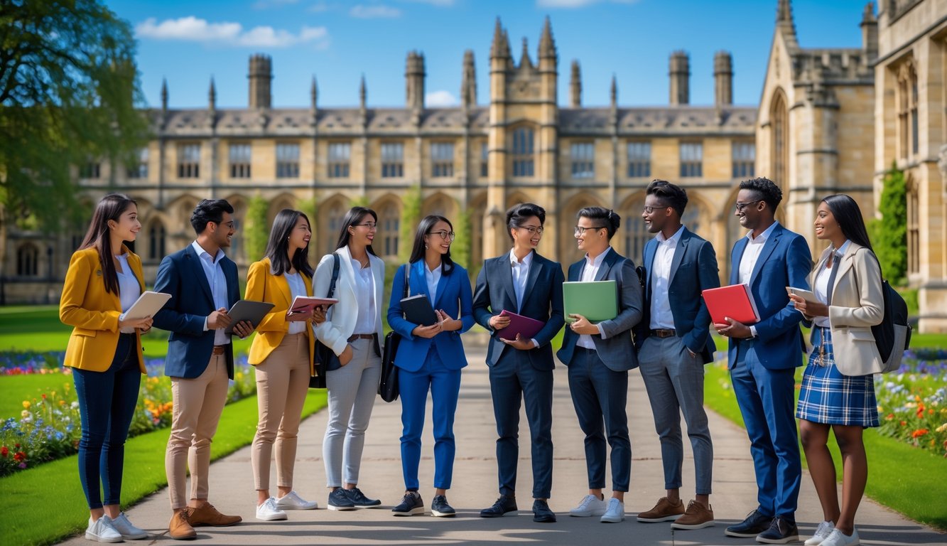 A diverse group of international students standing and talking on Oxford University's campus with historic buildings and green lawns in the background.