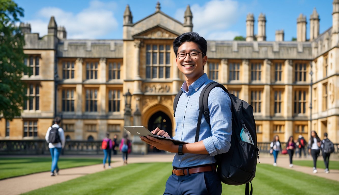 An international student standing confidently in front of University of Cambridge historic buildings on a sunny day, holding a backpack and a laptop.