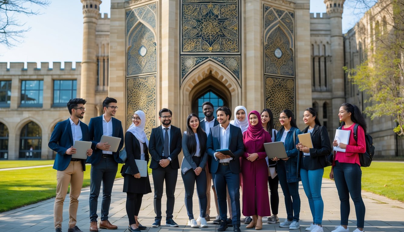 A group of diverse students standing and talking outside the Oxford Centre for Islamic Studies building on a sunny day.