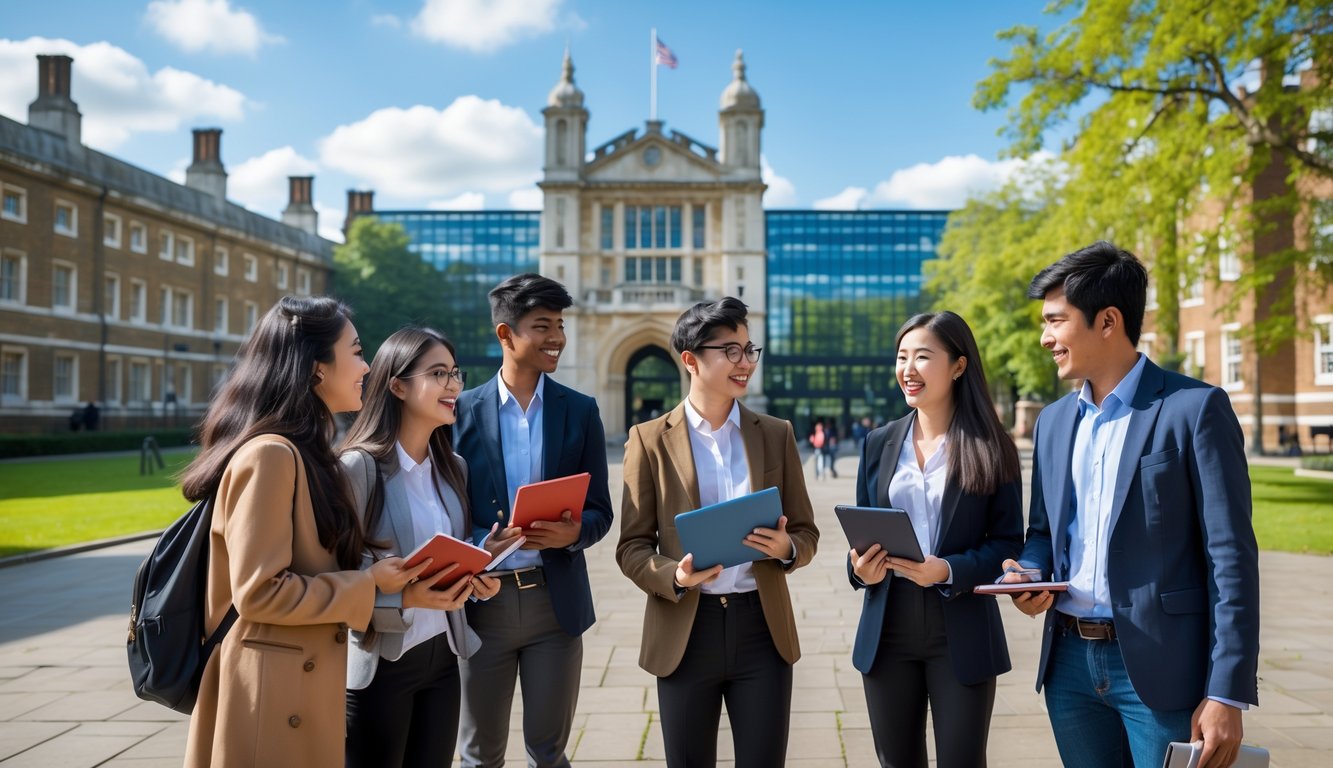 A diverse group of international students standing outside Imperial College London campus on a sunny day, holding books and laptops.