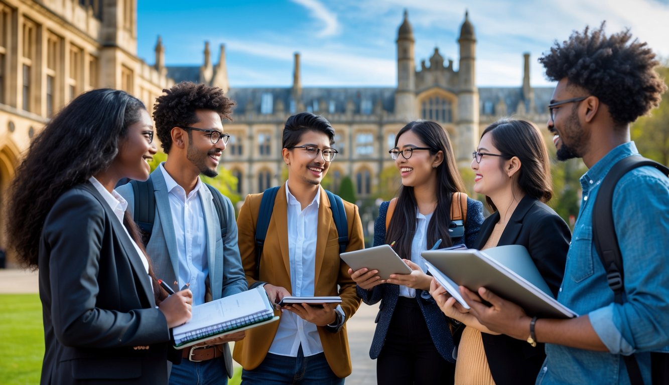A group of diverse international university students talking together outdoors on a university campus with buildings and green lawns in the background.
