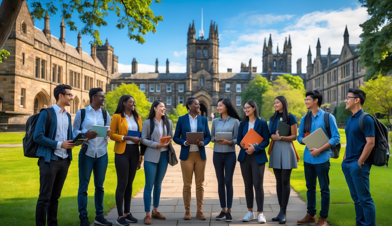 A diverse group of students standing together on a university campus with historic buildings and green lawns in the background.